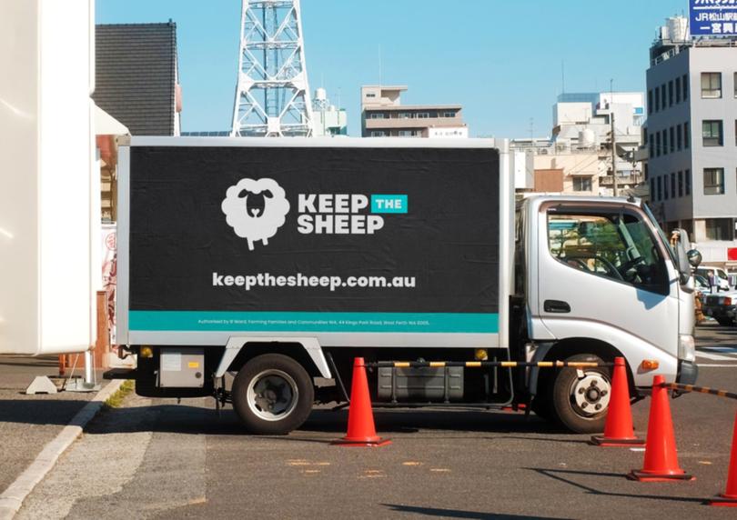 A "Keep the Sheep" billboard on a truck protests the Government's policy to phase out live sheep exports by May 2028.