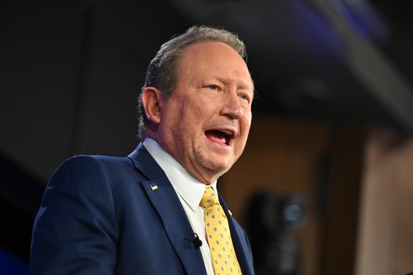 Andrew Forrest addresses the National Press Club in Canberra, Monday, February 26, 2024. (AAP Image/Lukas Coch) NO ARCHIVING