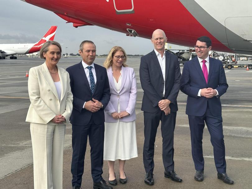 Qantas CEO Vanessa Hudson, WA Premier Roger Cook, Deputy Premier Rita Saffiotti, Perth Airport CEO Jason Waters and Perth MP Patrick Gorman. Emma Kirk