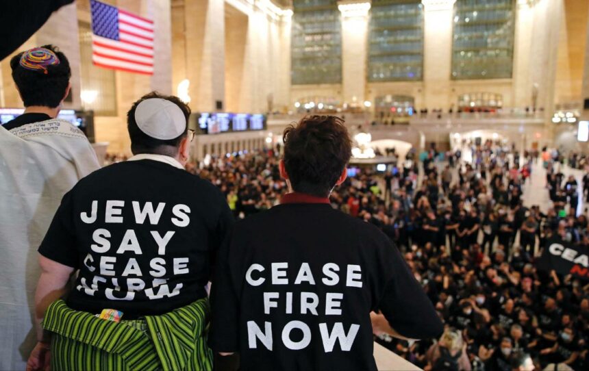Jews demonstrate calling for a cease-fire amid war between Israel and Hamas, at Grand Central Station in New York City on October 27, 2023.