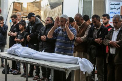 Relatives of Palestinians who lost their lives as a result of Israeli airstrike mourn as they take the dead bodies from the morgue of El-Najar Hospital to be buried in Rafah, Gaza on April 21, 2024.
