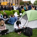 At the University of Minnesota campus in Minneapolis, a few hundred people gathered outside Coffman Memorial Union to call for a cease-fire in Gaza before setting up an encampment on the lawn Monday afternoon, April 29, 2024.