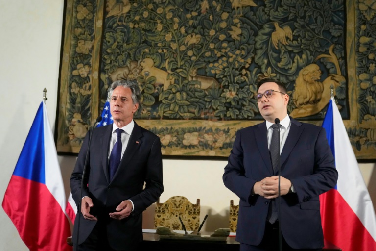 US Secretary of State Antony Blinken, left, and Czech Foreign Minister Jan Lipavsky in Prague on Thursday