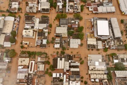 Aerial view of flooded streets at the Navegantes neighborhood in Porto Alegre, Rio da Grande do State, Brazil
