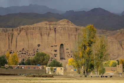 A view shows the site where the Shahmama Buddha statue once stood before being destroyed by the Taliban in March 2001, in Bamiyan province