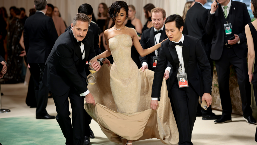 Tyla and Her Balmain Sand Dress Had to Be Carried Up the Met Gala 2024 Steps