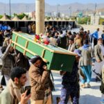 People carry the coffins of Huthi rebels who were killed in recent US-led strikes, ahead of a funeral ceremony in Sanaa's Al-Saleh mosque, on February 10, 2024.  The United States military confirmed on February 8 its forces conducted multiple strikes agai