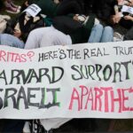 A pro-Palestinian protest of Harvard students and their supporters, ends on the lawn behind Klarman Hall, at Harvard Business School, after starting in the Old Yard by Massachusetts Hall.