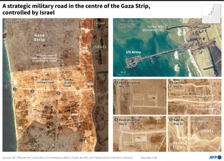 Satellite images of Planet Labs PBC and CENTCOM showing the Israeli military road in the centre of the Gaza Strip and strategic locations nearby