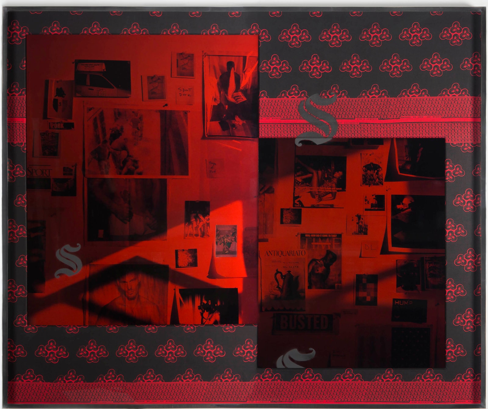 A redtinted collage on a patterned background.