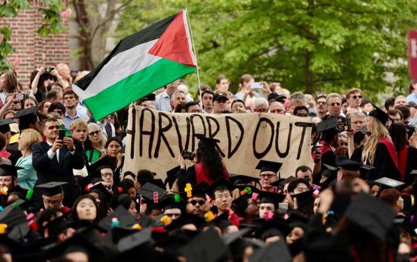 Hundreds of graduates walked out of the 2024 Commencement in Harvard Yard to call attention to the plight of Palestinians