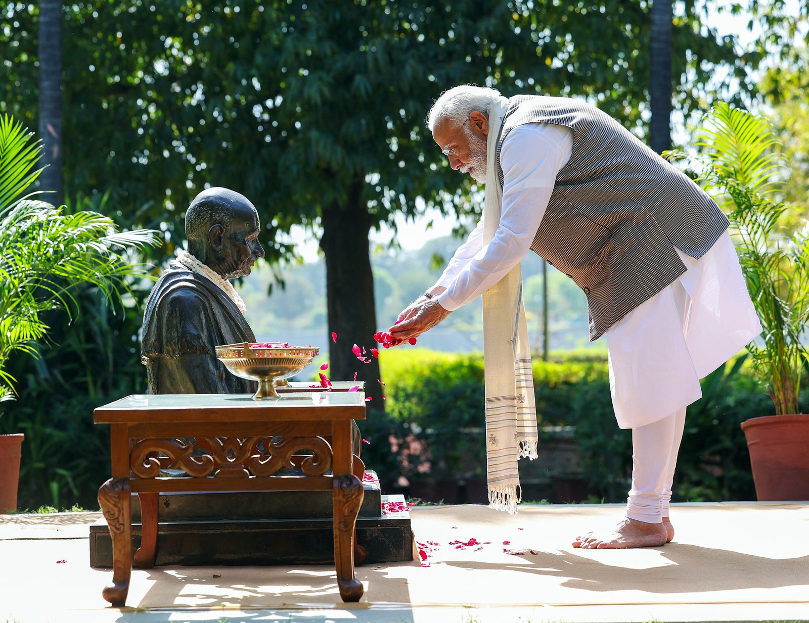 Prime Minister Narendra Modi offers floral tributes to Mahatma Gandhi at Mahatma Gandhi Ashram at Sabarmati in Ahmedabad.