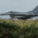A Taiwanese Air Force F-16 fighter jet taxis after landing at an air force base in Taiwan on May 24, 2024