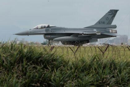 A Taiwanese Air Force F-16 fighter jet taxis after landing at an air force base in Taiwan on May 24, 2024
