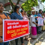 Protesters near the Russian embassy in Colombo seeking the release of  Sri Lankan ex-soldiers who joined forces fighting in Ukraine after Russia's invasion
