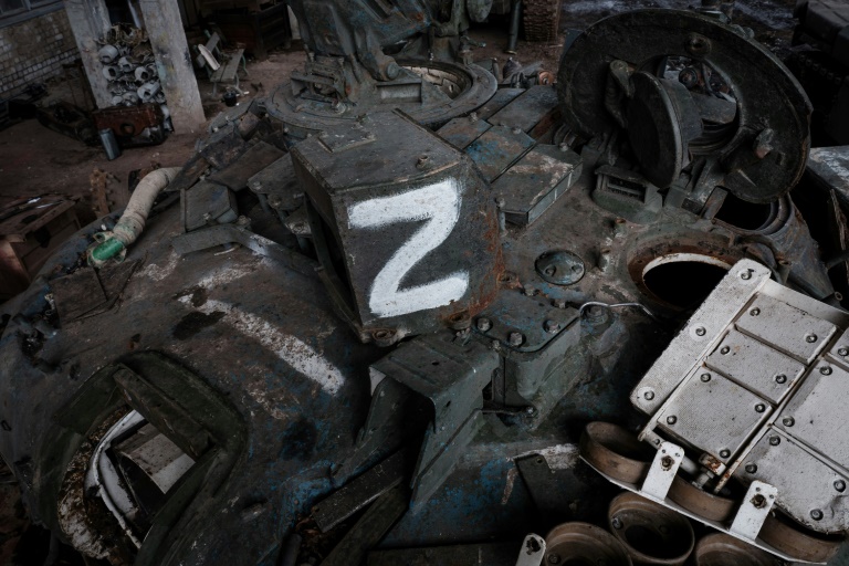 The Z letter, a tactical insignia of Russian troops in Ukraine, is seen on the captured Russian battle tank in Kharkiv region in February  2023
