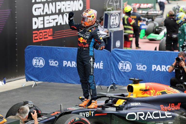 Red Bull's Max Verstappen celebrates winning the Spanish Formula One Grand Prix in Montmelo, on the outskirts of Barcelona