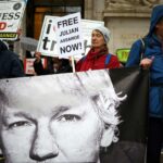 Supporters of WikiLeaks founder Julian Assange protest outside the Australian High Commission in central London in April 2024