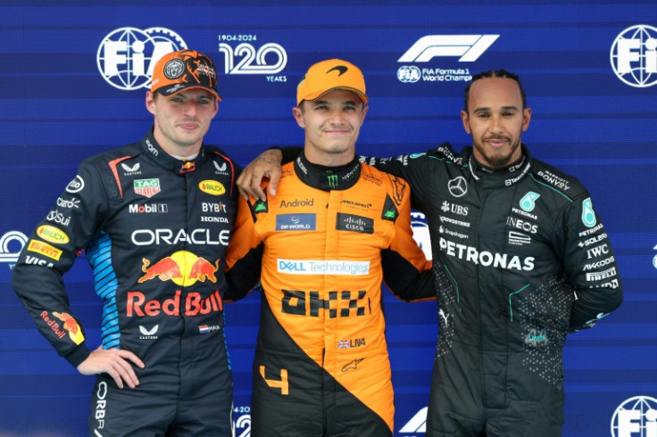 (From L) Red Bull's Max Verstappen, McLaren’s Lando Norris and Mercedes' Lewis Hamilton on the podium at the Spanish Grand Prix