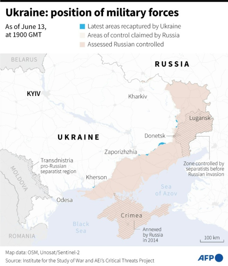 Map of areas controlled by Ukrainian and Russian forces in Ukraine, as of June 13, 1900 GMT