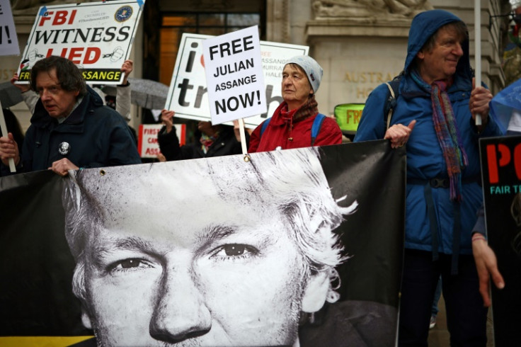 Supporters of WikiLeaks founder Julian Assange protest outside the Australian High Commission in central London in April 2024