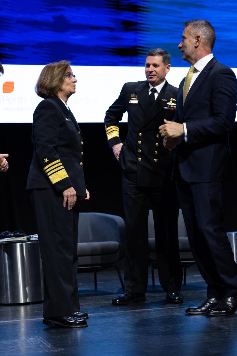 Admiral Lisa Marie Franchetti, Vice Admiral Mark Hammond and Defence Minister Paul Papalia.