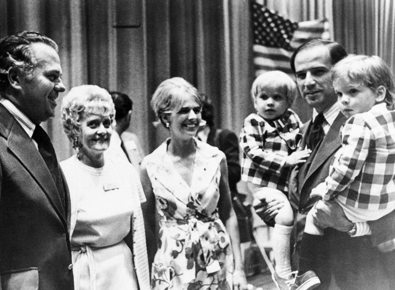 oe Biden carries both of his sons, Joseph, left, and Robert during an appearance at the Democratic state convention in June 1972. At centre is his wife Neilia Biden, who was killed in an auto crash, Dec. 20, 1972. 