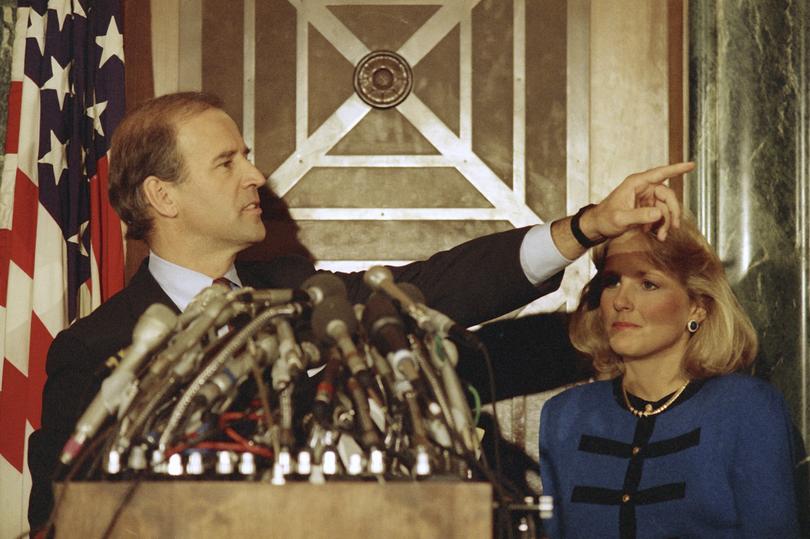 Sen. Joe Biden, D-Del., with Jill Biden during a news conference on Capitol Hill in 1988.