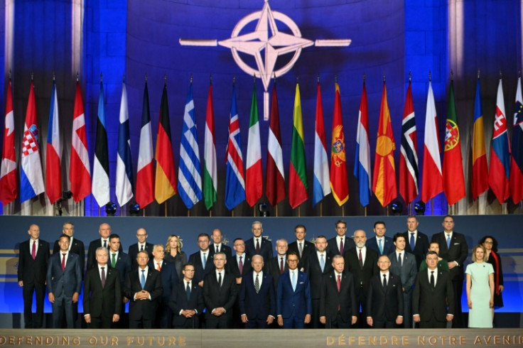 NATO leaders pose for a family photo during the NATO 75th anniversary celebration
