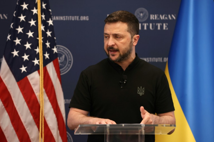 Ukrainian President Volodymyr Zelensky speaks at the Ronald Reagan Presidential Foundation and Institute in Washington, DC, on July 9, 2024.