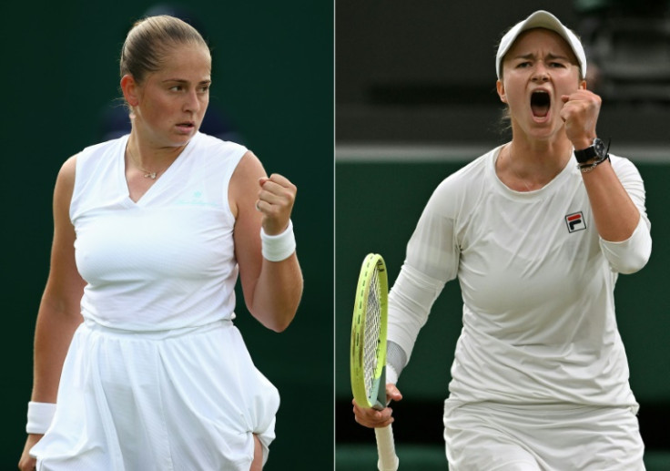 Jelena Ostapenko (left) will take on Barbora Krejcikova for a place in the Wimbledon semi-finals