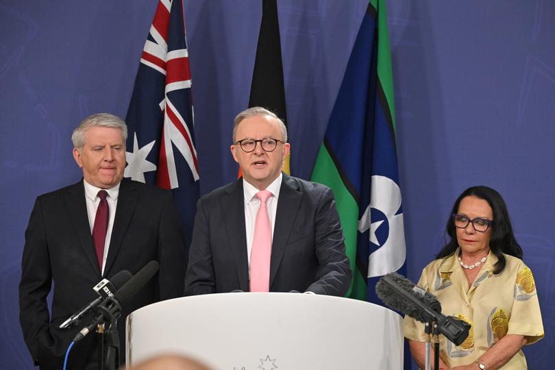 Minister for Skills Brendan O’Connor, Prime Minister Anthony Albanese and Minister for Indigenous Australians Linda Burney at a press conference in Sydney, Thursday, July 25, 2024. (AAP Image/Mick Tsikas) NO ARCHIVING
