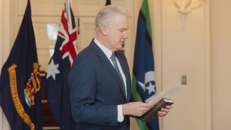 CANBERRA, AUSTRALIA - NewsWire Photos - 29 JULY, 2024: Home Affairs and Immigration Minister Tony Burke, with Australian Governor-General Sam Mostyn, during the Federal ministry swearing in ceremony at Government House in Canberra. Picture: NewsWire / David Beach