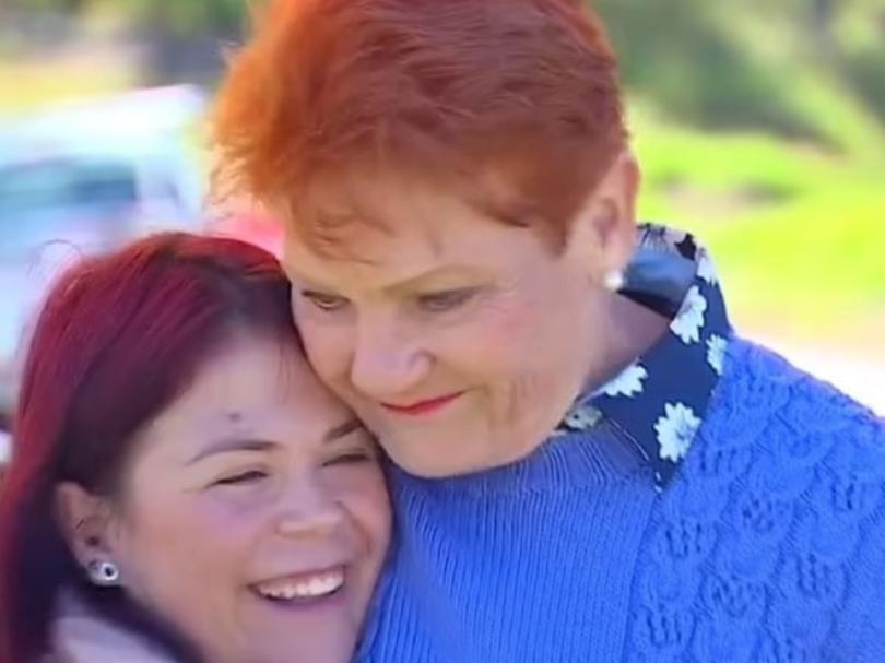 One Nation Senator Pauline Hanson hugs mum Kahlia Byrnes. 7News
