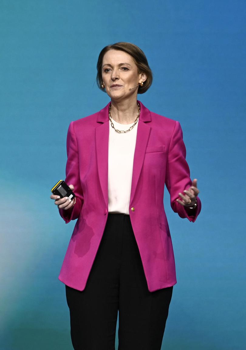 Australian telecommunications company Telstra's CEO Vicky Brady gives a conference at the Mobile World Congress (MWC), the telecom industry's biggest annual gathering, in Barcelona on February 28, 2023. (Photo by Josep LAGO / AFP)