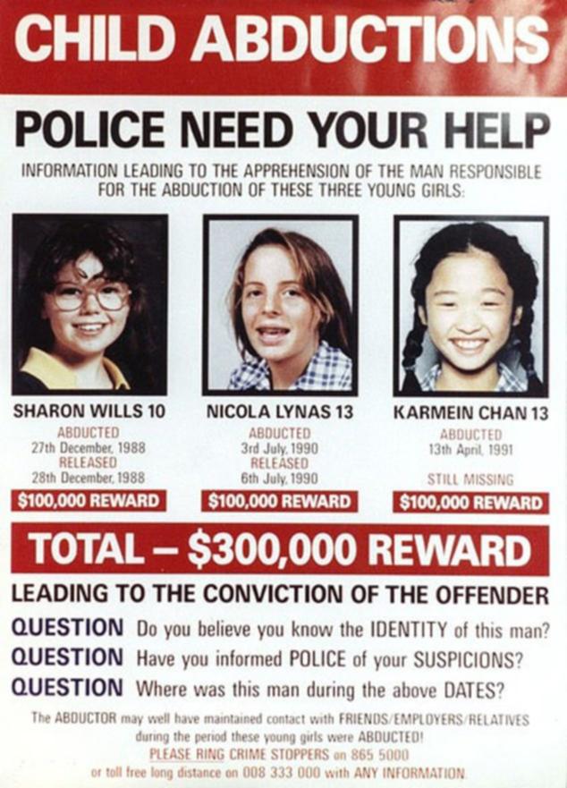 Mr Cruel - A poster featuring the faces of Sharon Wills, Nicola Lynas and Karmein Chan and the details of their abductions was delivered to 1.4million homes.