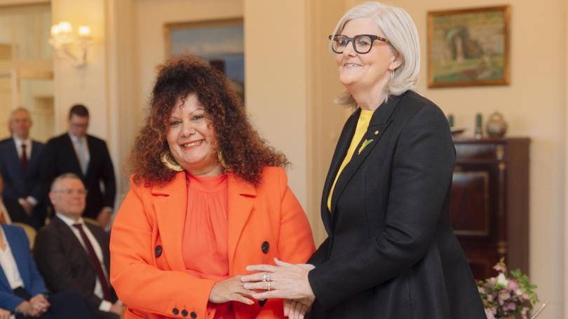 CANBERRA, AUSTRALIA - NewsWire Photos - 29 JULY, 2024: Minister for Indigenous Australians Malarndirri McCarthy poses for photographs with Australian Governor-General Sam Mostyn during the Federal ministry swearing in ceremony at Government House in Canberra. Picture: NewsWire / David Beach