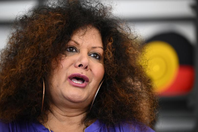 Labor Senator Malarndirri McCarthy speaks during a visit to Clothing the Gap ahead of early voting for the Indigenous voice to parliament referendum in Melbourne, Monday, October 2, 2023. (AAP Image/Joel Carrett) NO ARCHIVING