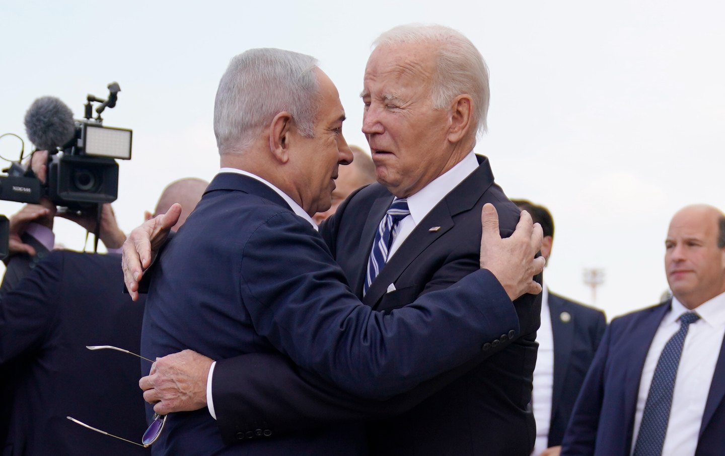 President Joe Biden is greeted by Israeli Prime Minister Benjamin Netanyahu after arriving at Ben Gurion International Airport, Oct. 18, 2023, in Tel Aviv.