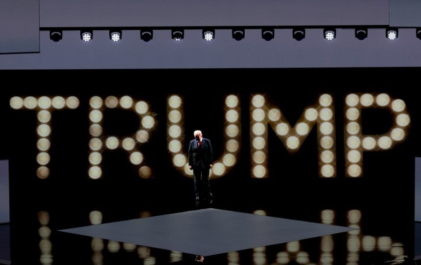 Donald Trump arrives to speak during the Republican National Convention (RNC) at the Fiserv Forum in Milwaukee, Wisconsin, US, on Thursday, July 18, 2024.