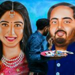 An artist paints portraits of Radhika Merchant (L) and her fiance Anant Ambani, son of billionaire Mukesh Ambani, ahead of their wedding