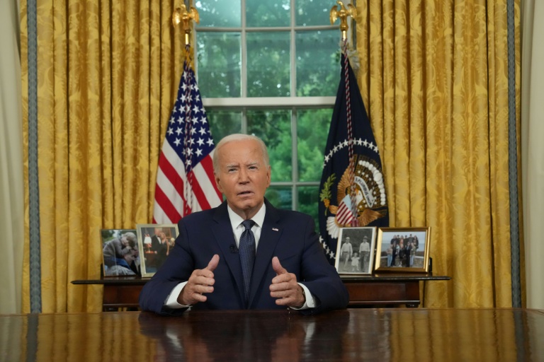 US President Joe Biden addresses the nation from the Oval Office of the White House on July 14, 2024, about the assassination attempt on Republican presidential candidate Donald Trump at a campaign rally in Pennsylvania
