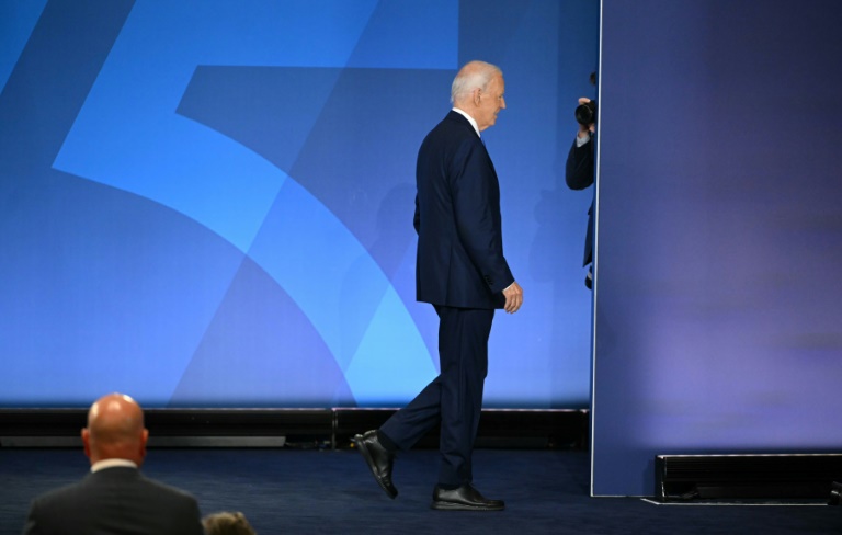US President Joe Biden leaves after speaking at a press conference at the close of the NATO summit in Washington