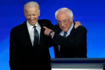 President Joe Biden and Senator Bernie Sanders during a 2020 presidential primary debate.