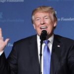 US President Donald Trump, seen giving a speech at a Heritage Foundation event in 2017, has sought to distance himself from its Project 2025 governing agenda