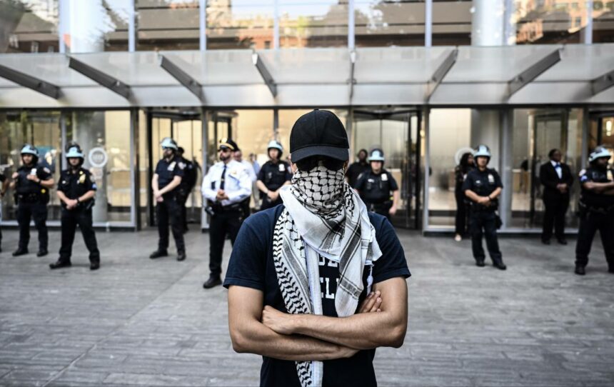 A pro-Palestinian protester in New York on June 13. 2024.