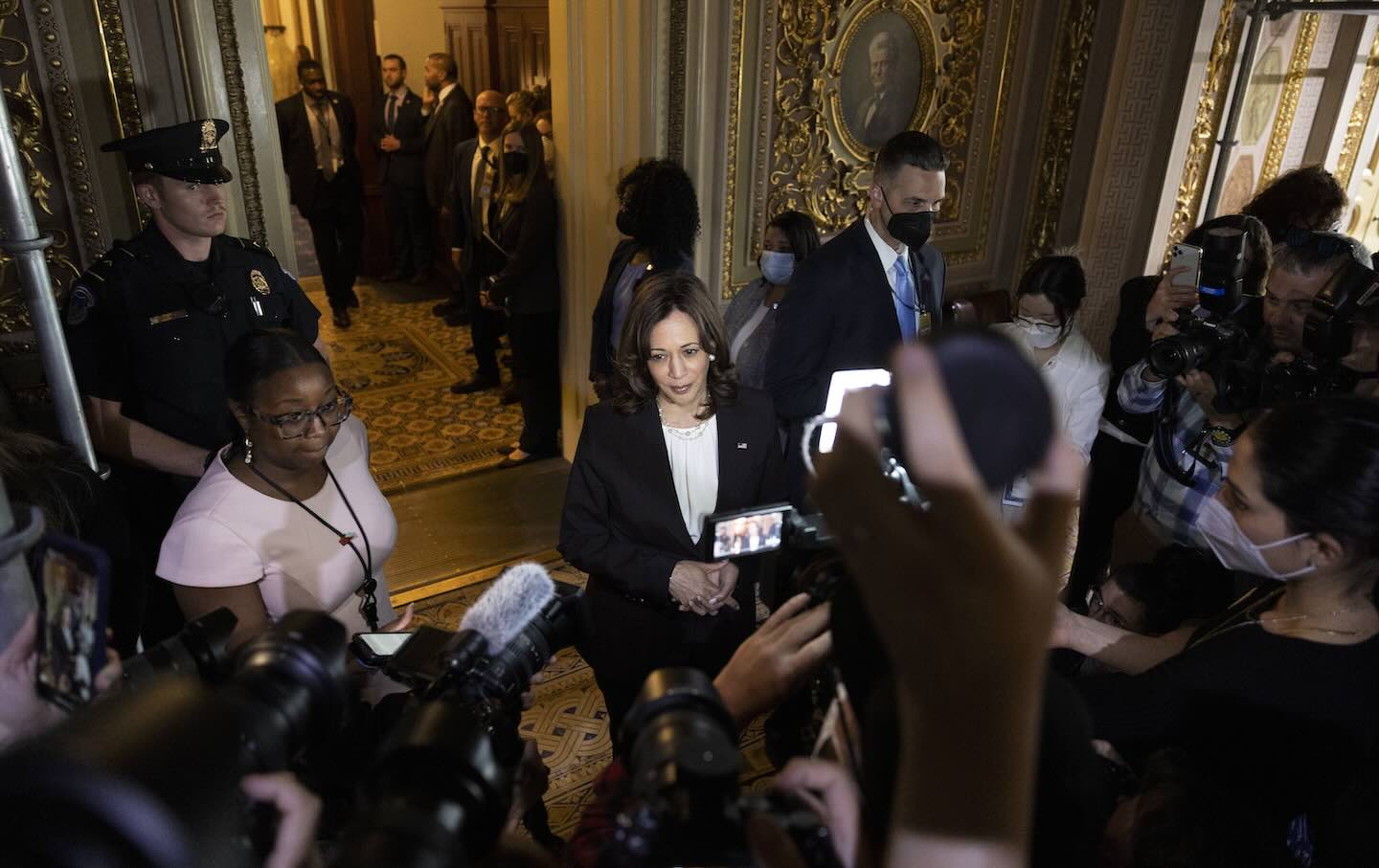 Vice President Kamala Harris speaks to reporters outside the Senate Chambers in the U.S. Capitol on May 11, 2022, in Washington, D.C.