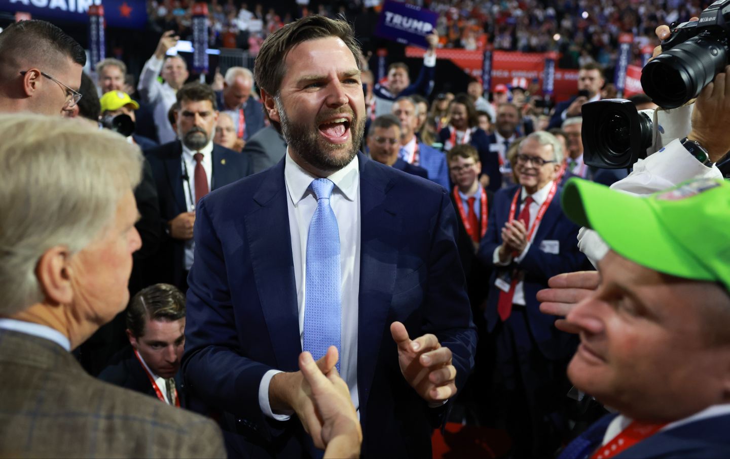 Trump’s pick for running mate, US Senator J.D. Vance (R-OH), arrives on the first day of the Republican National Convention at the FiServ Forum on July 15, 2024, in Milwaukee, Wisconsin.