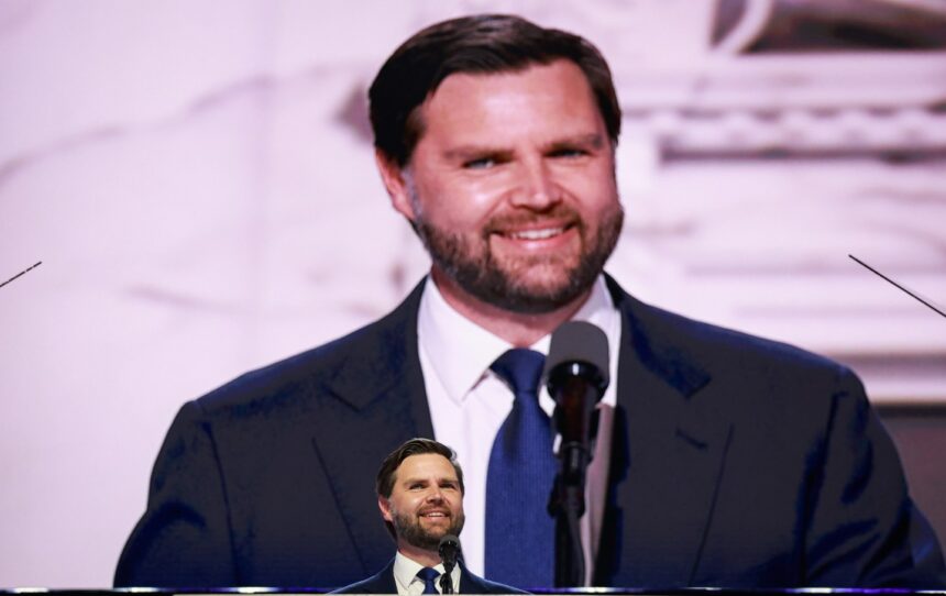 Republican vice presidential candidate, U.S. Sen. J.D. Vance (R-OH) speaks on stage on the third day of the Republican National Convention at the Fiserv Forum on July 17, 2024 in Milwaukee, Wisconsin.