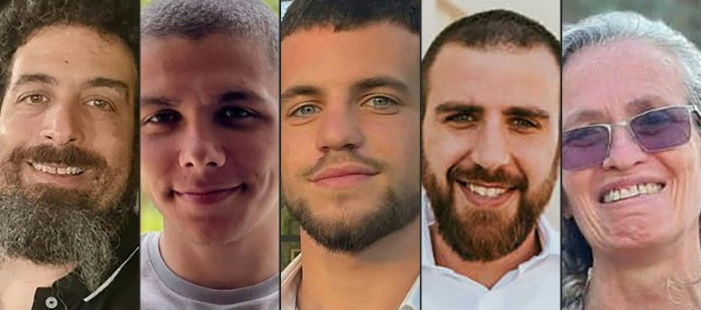 This combination of pictures shows, left to right, Ravid Katz, Kiril Brodski, Tomer Ahimas, Oren Goldin and Maya Goren, whose bodies the military said were held by militants in Gaza, until their rescue by Israeli forces